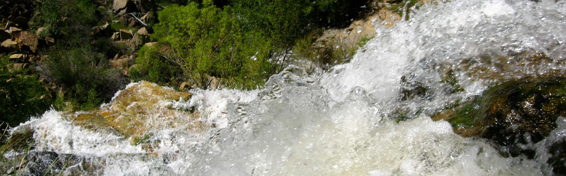 Close up of the top of a waterfall in the Kern River with trees and rocks below