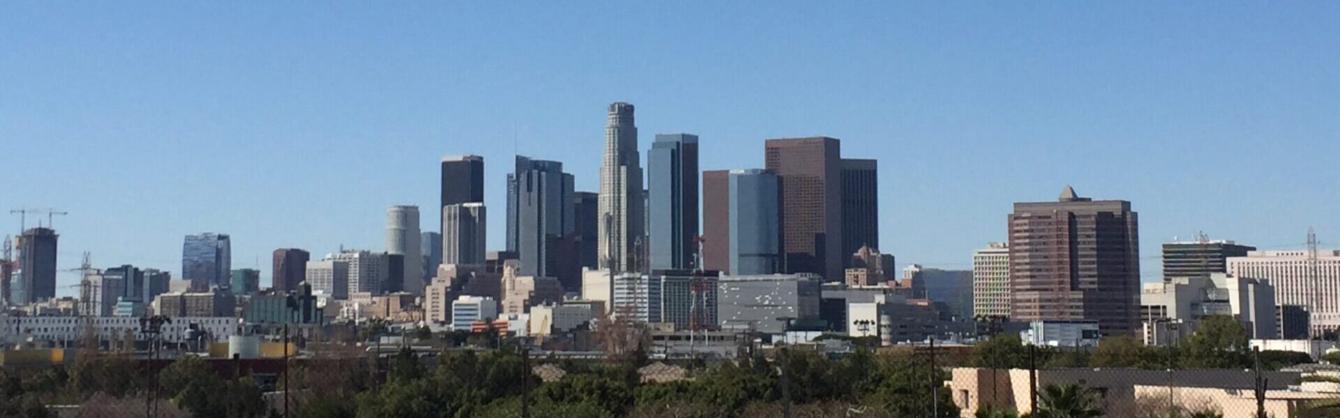 Panoramic view of downtown Los Angeles skyscrapers on a clear day