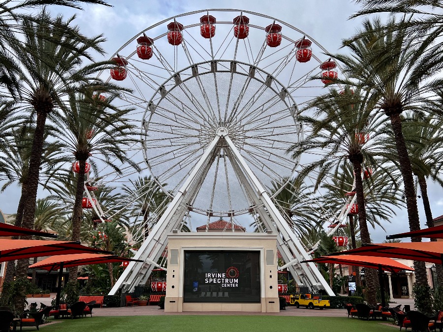 Large white ferris wheel with red gondolas surrounded by palm trees and canvas canopies. Link to Fun Things to Do on page