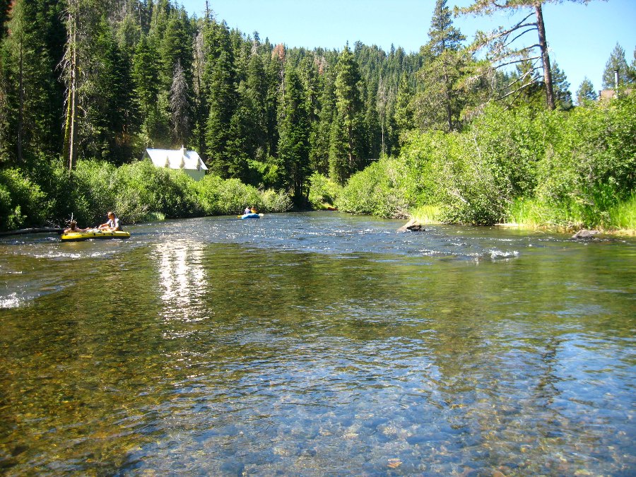 Inflatable rafts on the calm Truckee River near Lake Tahoe surrounded by tall green trees.