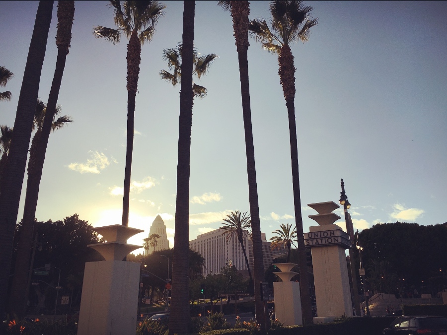 Union Station sign with palm trees and Los Angeles City Hall and gray blue sky in background. Link to Los Angeles page.