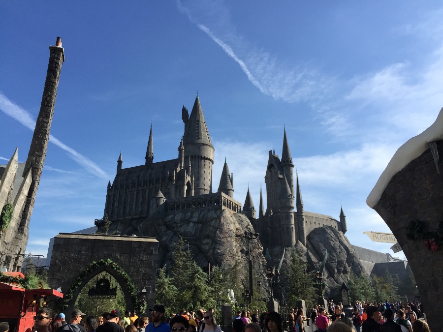 Towering external facade of the Harry Potter Hogwarts Castle at Universal Studios Hollywood