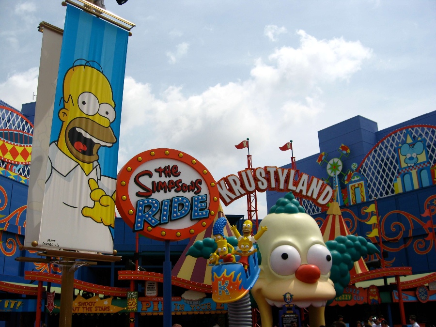 The Simpsons 3-D molded characters and Krustyland sign and decor at Universal Studios. Link to Fun Things to Do on page.