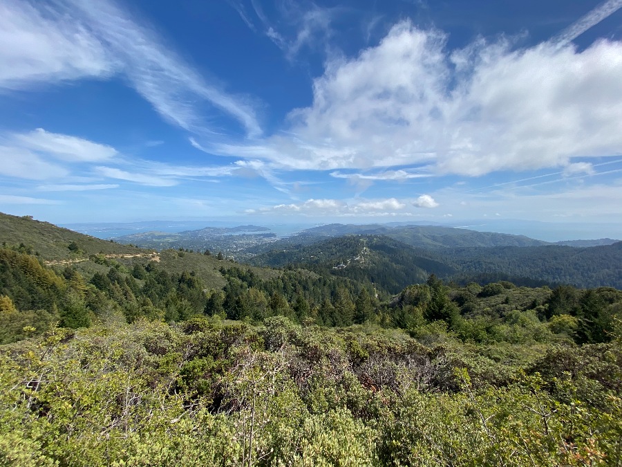 View of green hills, blue sky, and bay water from a mountain top in Marin County California. Link to Marin County page.