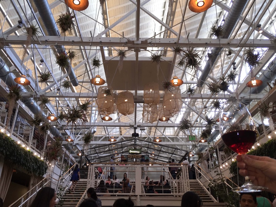 Toasting wine at Anaheim Packing House lit with skylights and hanging plants. Link to Where to Eat on page.