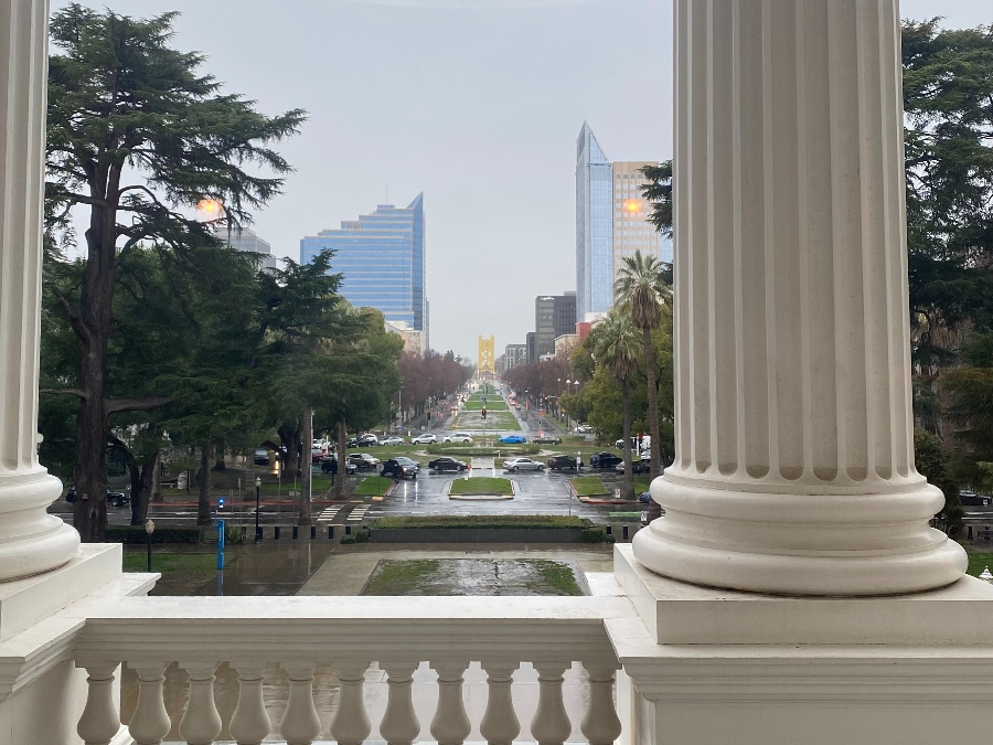 White Corinthian-style columns in front of a long street view from Sacramento Capitol building. Link to Sacramento page.